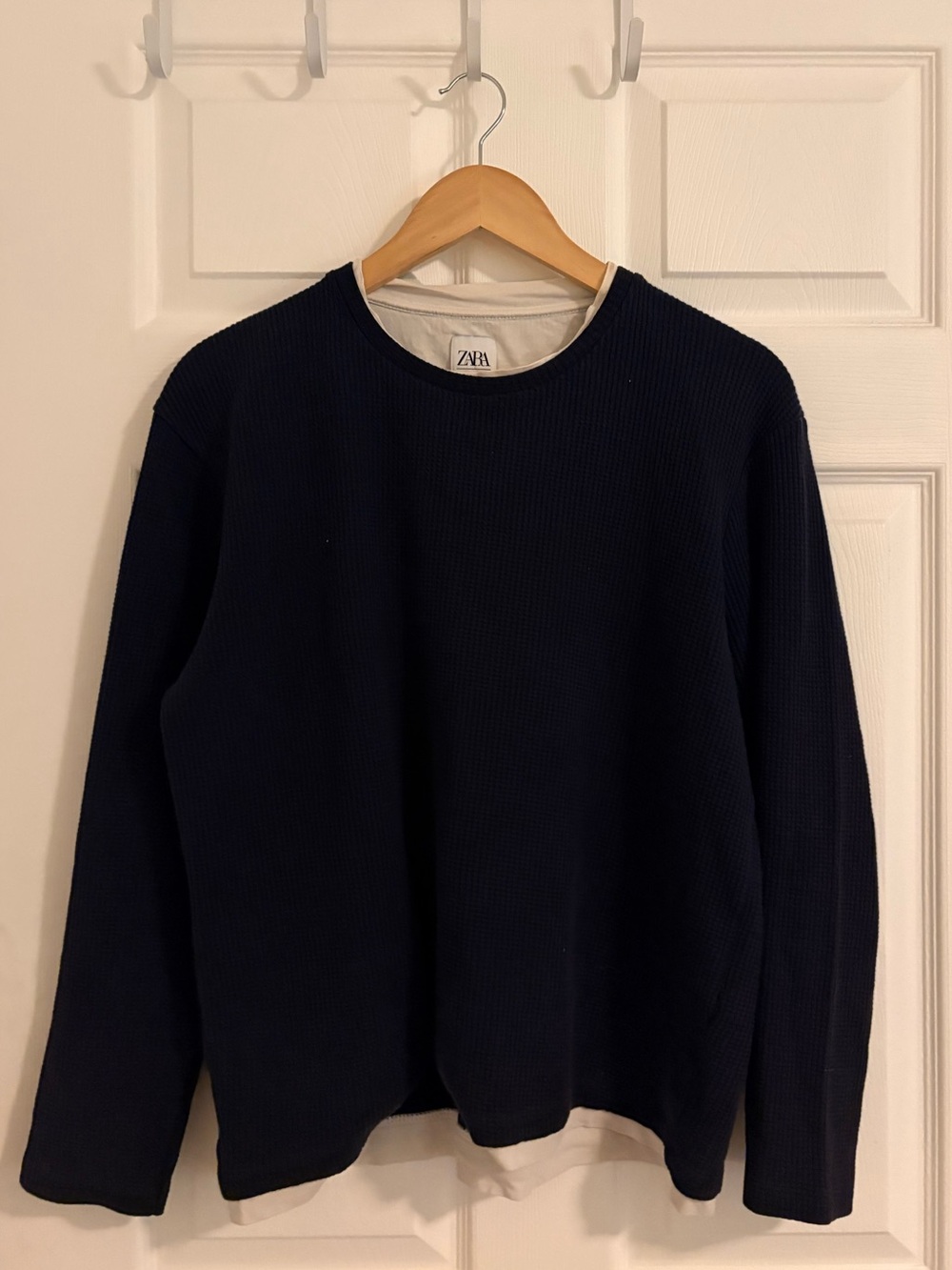 Zara Navy Waffle Knit Crewneck